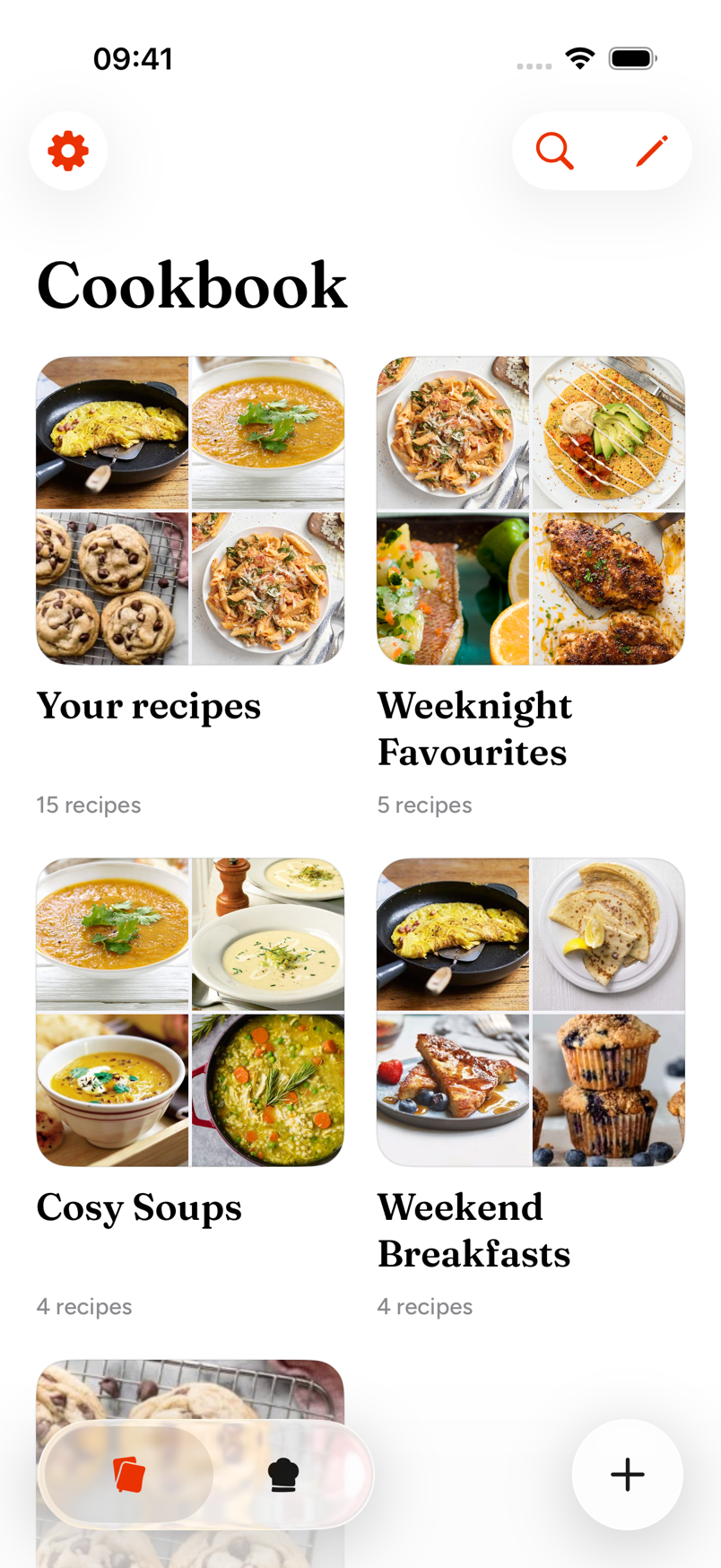 Aptyte cookbook with saved recipe collections, including Your recipes, Weeknight Favourites, Cosy Soups and Weekend Breakfasts